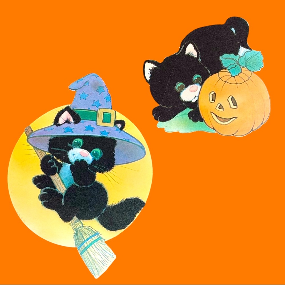 2 Vintage Flocked Halloween Cat Die Cut Decorations -EUC